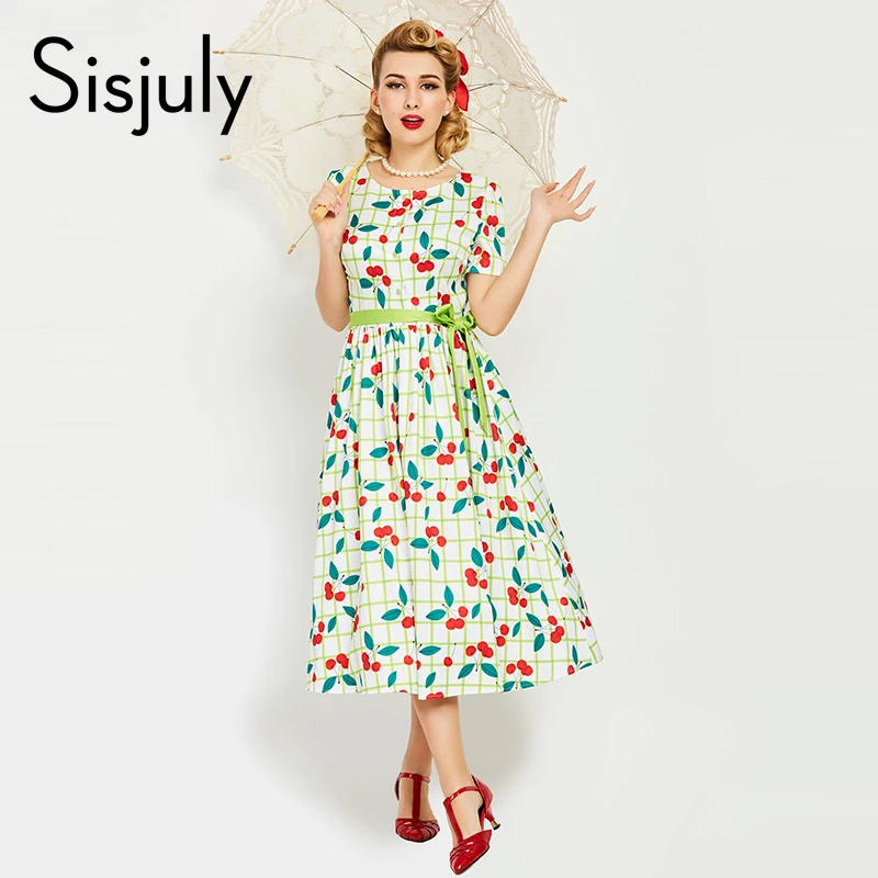 Sisjuly Summer Women Vintage A Line Dress 1950s Style Short Sleeve Print Midi Dress Elegant