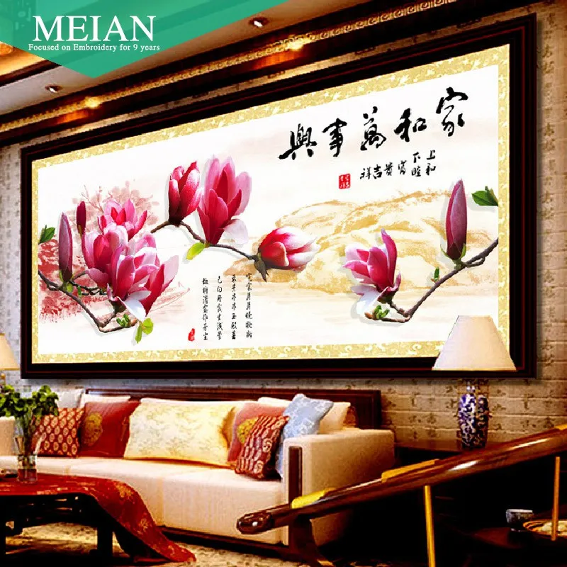 

Meian, new home flowers cross stitch room a accurate printing cross embroidered silk peony needlework home decoration
