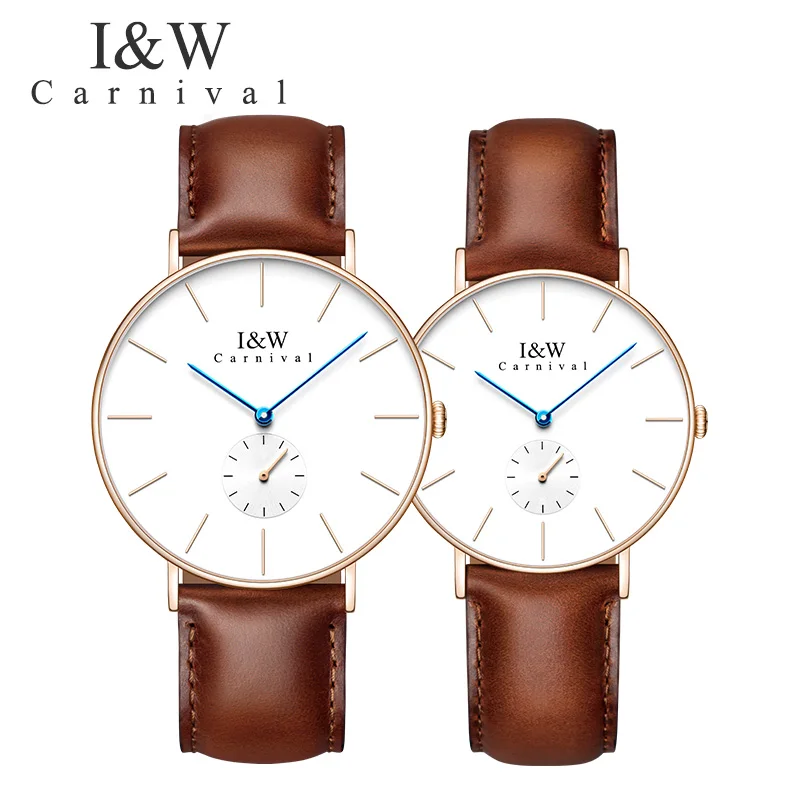 

Fashion Couple watch Top brand CARNIVAL Simple Quartz Watch Couple Imported movement genuine leather band Sapphire Gifts for men