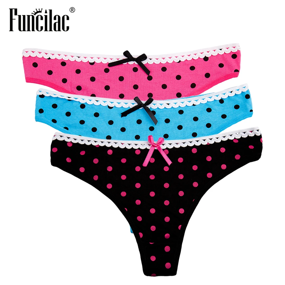 

FUNCILAC Women Sexy G String Cartoon Kitty Thongs Dot Bow Ladies Briefs Print Cotton Panties Lace Women Underwear lingerie 3pcs
