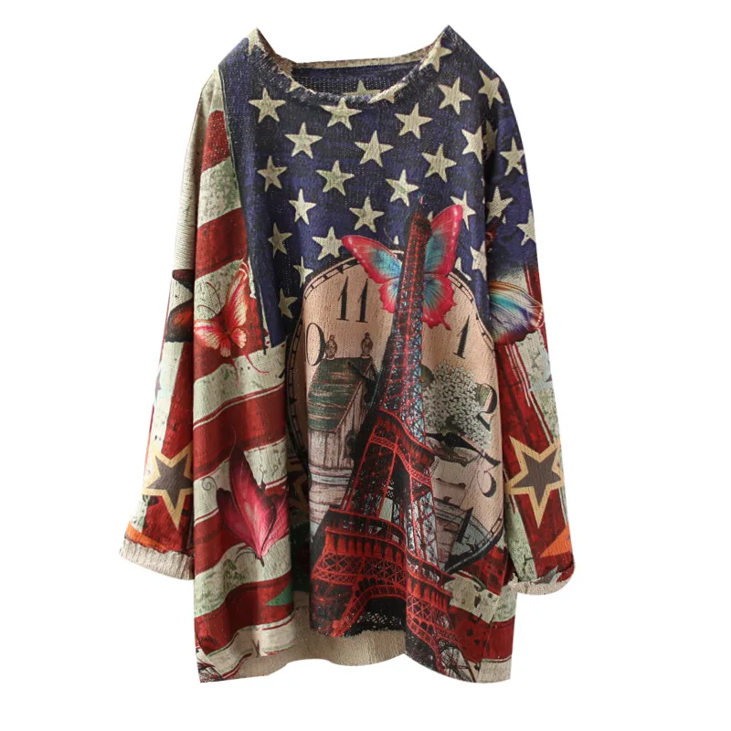 Spring Sweater Women Retro Loose Pullovers Knitting Tops O-Neck Print Pattern Blended Sexy Ladies Streetwear Casual Sweater 2019 Spring Sweater Women Retro Loose Pullovers Knitting Tops O-Neck Print Pattern Blended Sexy Ladies Streetwear Casual Sweater 2019