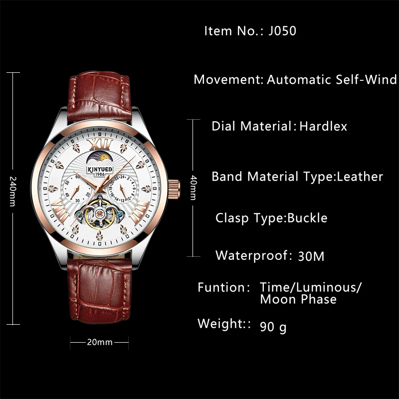 KINYUED Chronograph Fashion Brand Watch Men Automatic Mechanical Luxury Skeleton Watches Moon Phase Male Hand Wristwatches 2018