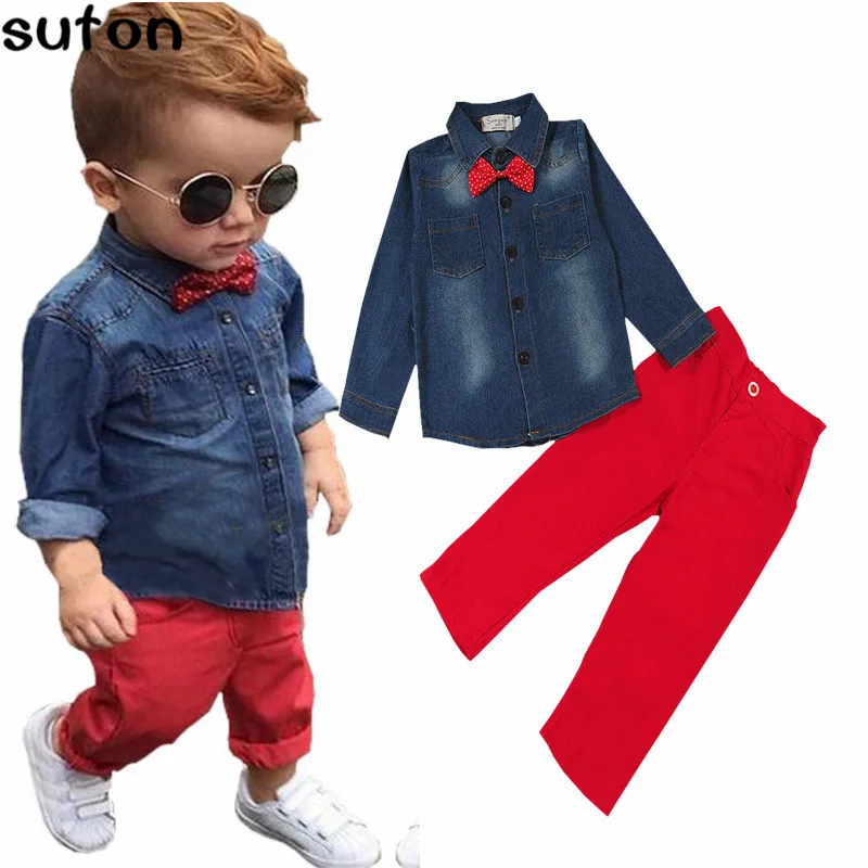 

2018 Spring Fashion Casual Children's Clothing Set Baby Boys Clothes Cotton Denim Long Sleeve Shirts+Red Pants Kids Clothes 3-8Y