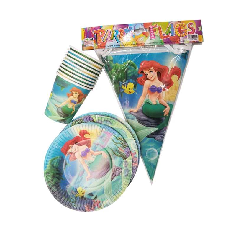 

mermaid theme party disposable tableware tray, flag, cup for kids birthday party decoration friends party