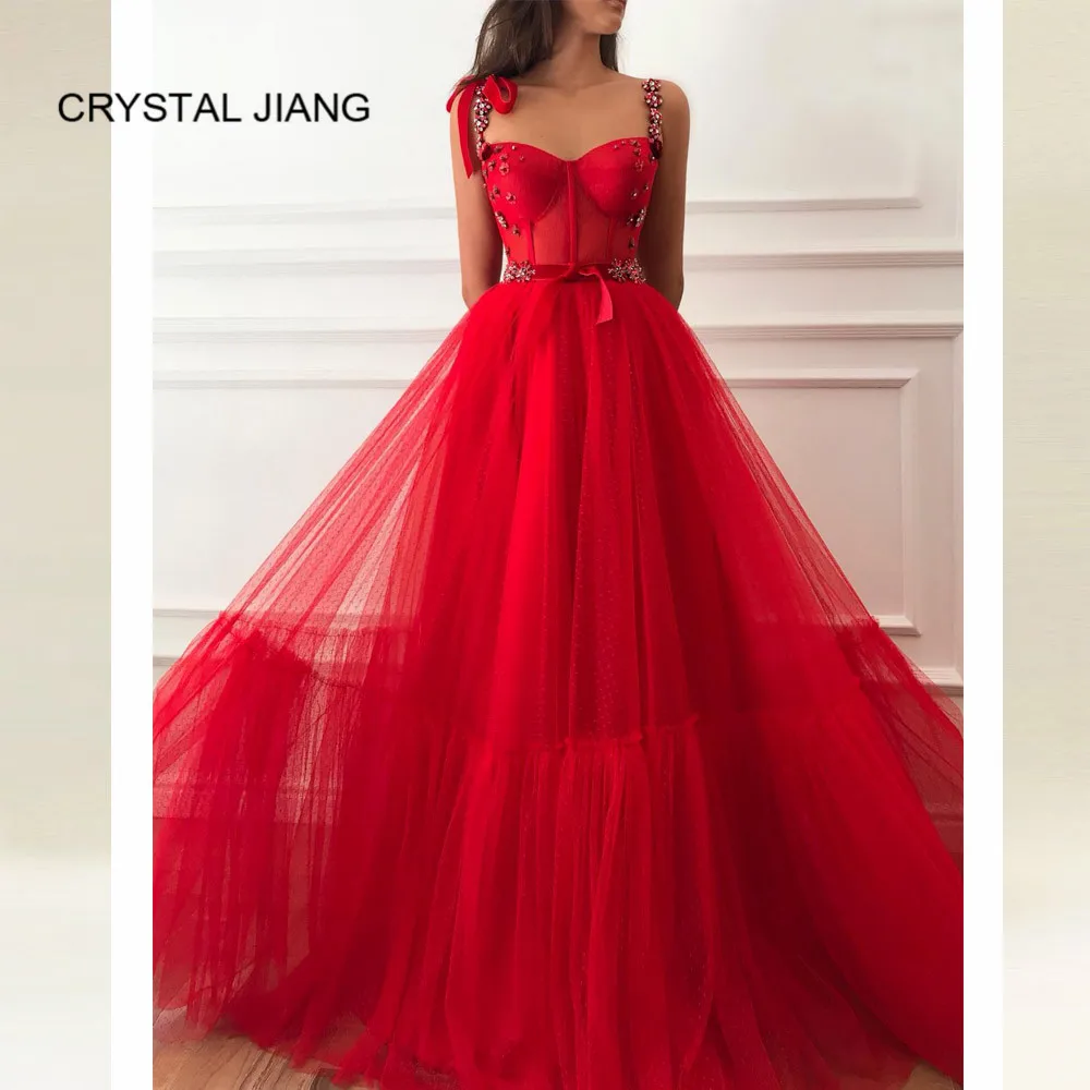 

CRYSTAL JIANG 2018 Robe de soiree A Line Sweetheart Spaghetti Straps Beading Custom made Formal Red Evening Dresses Long