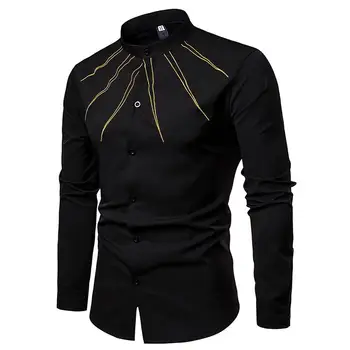 

Mens Shirt Unique Golden design Blouse Mens clothing Slim fit New model Shirts Stand collar White Black Fashion 2019