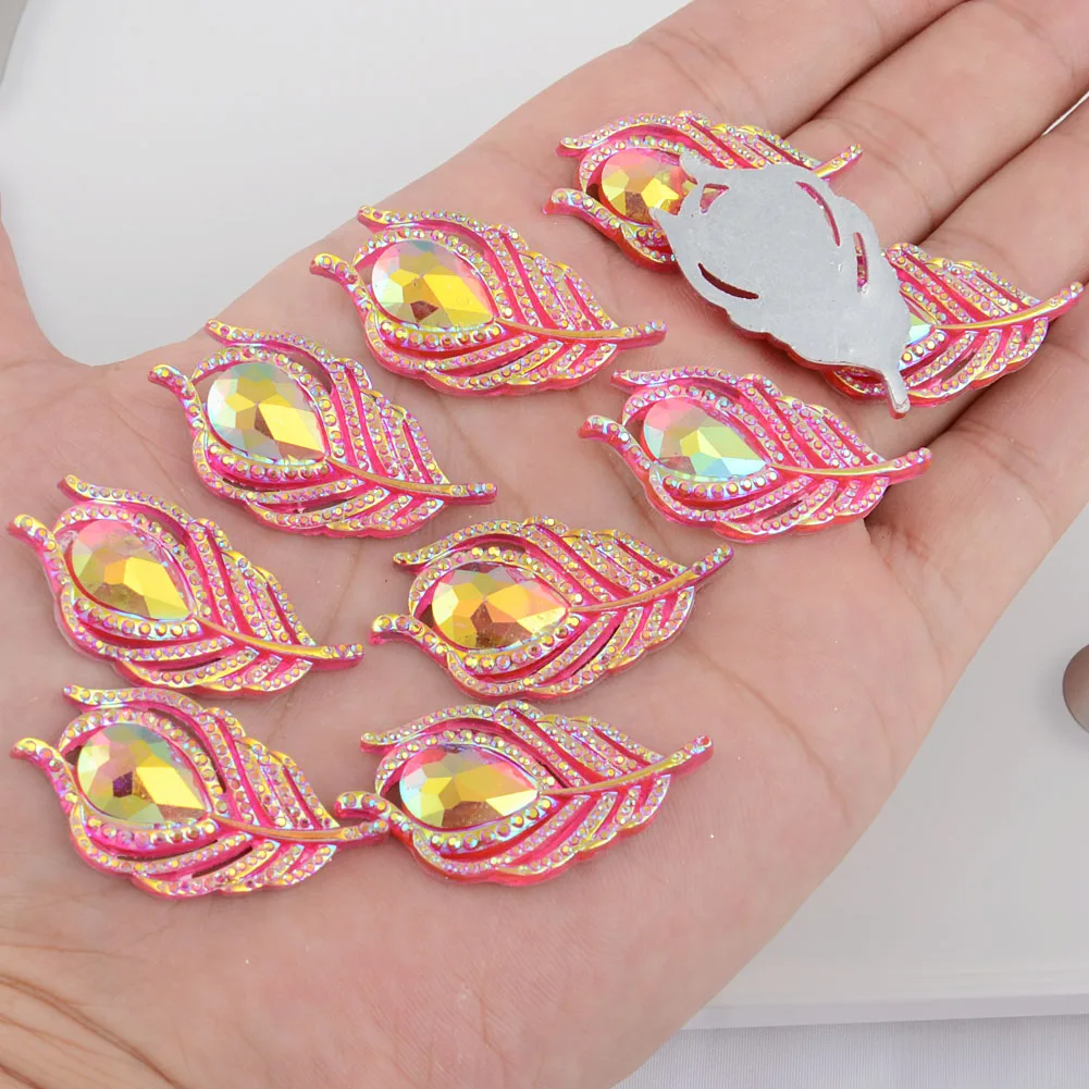 

BOLIAO DIY 10Pcs 20*38mm( 0.79in*1.5in ) AB Color Peacock Leaf Resin Shining Hot Pink Rhinestone Flatback No Hole Home Decor