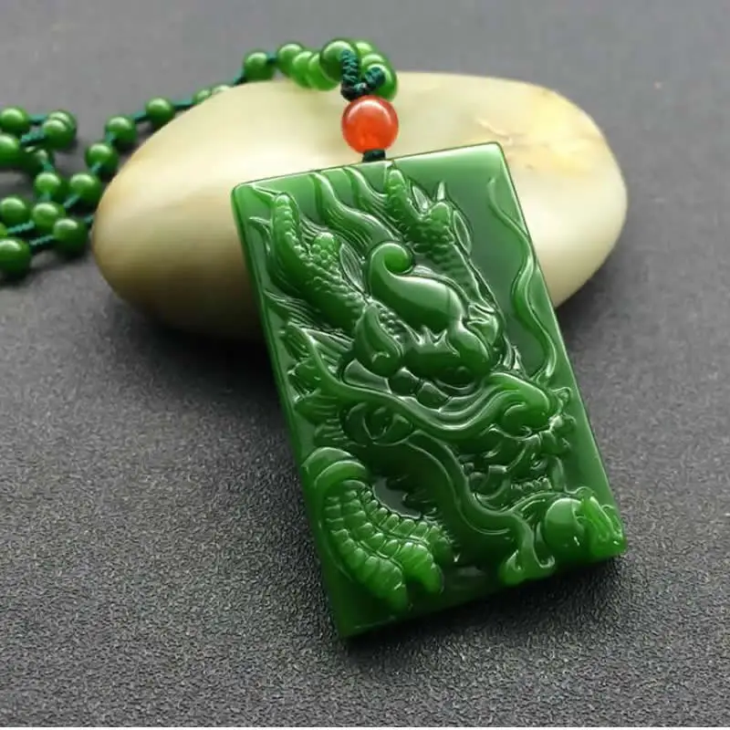 Natural Green Jadeite Rectangle Pendant Carved Dragon Men's Necklace