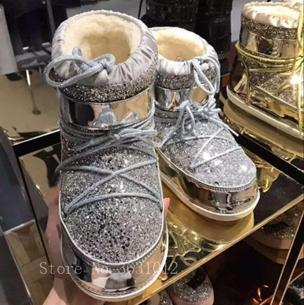 

Runway Snow Boots Winter Fur Bling Gllitter Flats Round Toe Slip On Lace up Ankle Botines Platform Shoes Woman Size 40 Zapatos