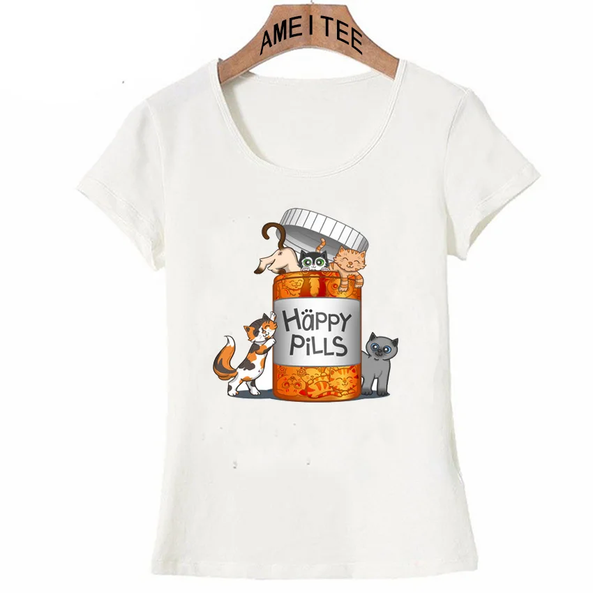

New harajuku Happy Pills Kitten T-shirt Women short sleeve cute cat design casual white Tops summer fashion Tees ladies T-Shirt