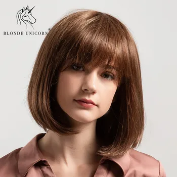 

Blonde Unicorn 10 inches Synthetic Short Straight Brown Bob Style Wigs with Bangs 50% Human Hair Women Wigs Free Shipping