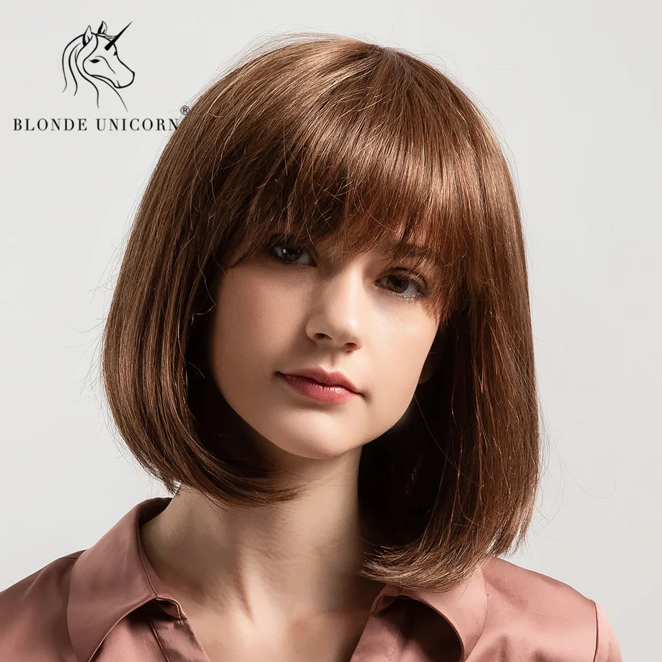 Blonde Unicorn 10 Inches Synthetic Short Straight Brown Bob Style Wigs With Bangs 50 Human Hair Women Wigs Free Shipping Aliexpress