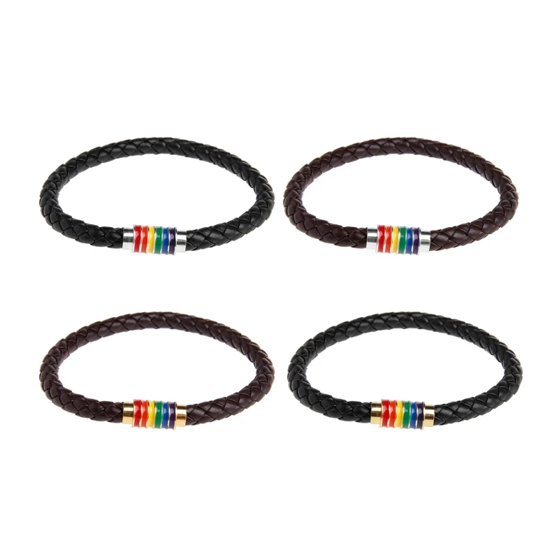 

Leather Braided Lovers Pride Rainbow Bracelets Titanium Magnetic Gay Les Jewelry