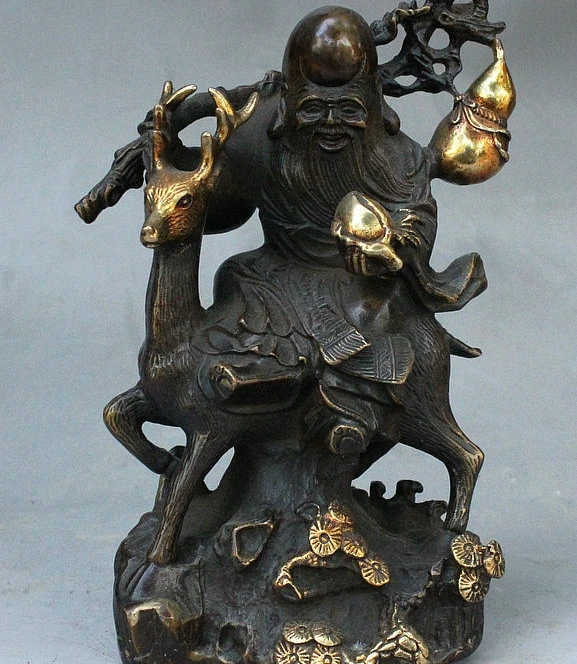 

8" Old China Bronze Gilt Folk Longevity God Hold Peach Ride Sika Deer Statue