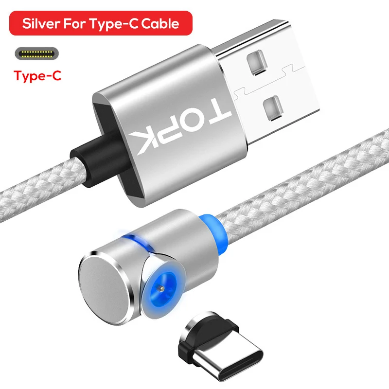TOPK 1 м и 2 м 90 градусов L Тип Магнитный кабель usb Тип C нейлоновая оплетка светодиодный индикатор type-C кабель для USB C устройств для samsung - Цвет: Silver Cable