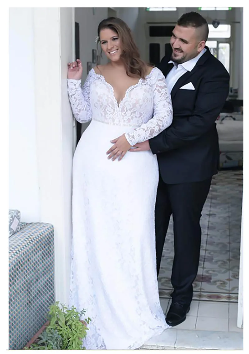 

2019 Summer Mermaid White Wedding Dresses Plus Size Long Sleeves Lace Bridal Gowns V Neck Lace Wedding Dresses Backless
