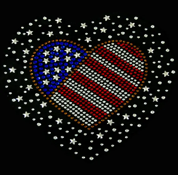 

2pc/lot American Flag Heart star Iron On Hotfix Rhinstone Transfer Applique hot fix rhinestone iron on crystal transfers patches
