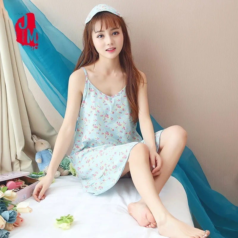 

Summer Mini Sleepwear Women V-neck Spaghetti Strap Nightgown Flower Nightwear Nightdress Nightgown Plus Size Cotton Sleepwear XL