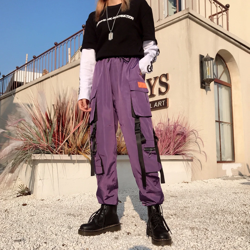 Уличная одежда для женщин Cargo harajuku Брюки унисекс карманные фиолетовые брюки HipHop High Street Лучший!