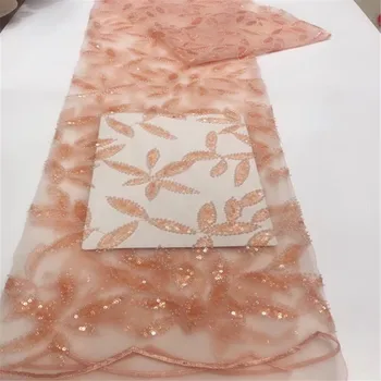 

HFX Leaves African Style Peach French Net Embroidery Sequins Tulle Lace Fabric For Nigerian party Dress X602-2