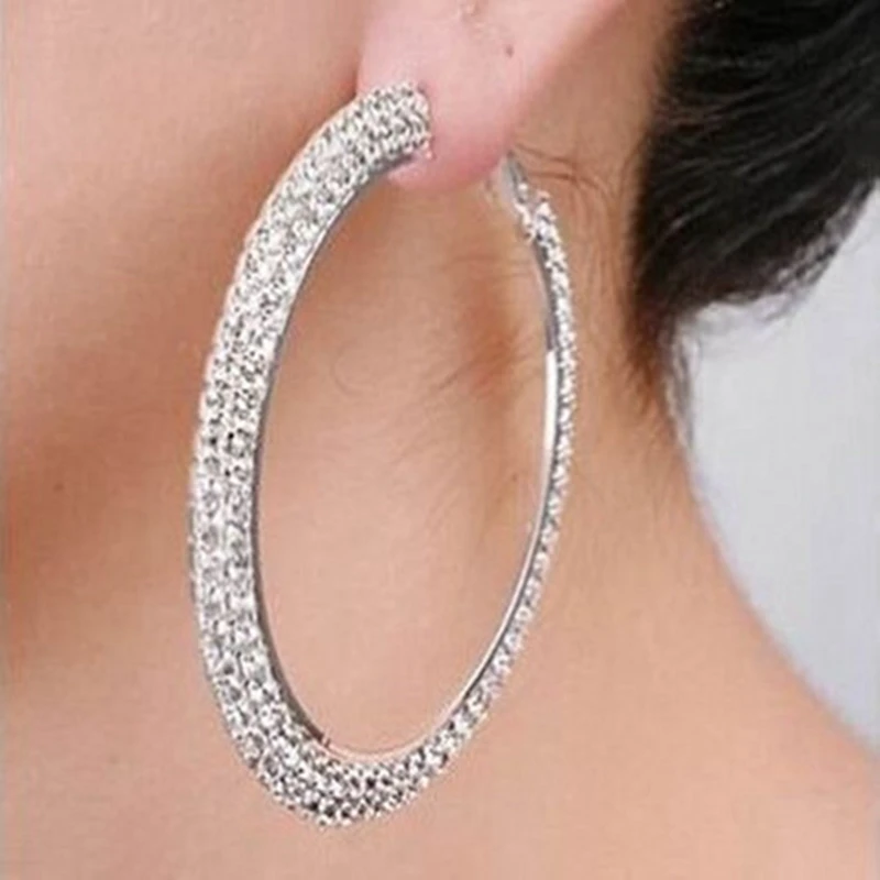 

Large silver Hoop Earrings 2018 Full Rhinestone Circle Statement Jewelry Crystal Earrings For Women Brincos Wholesale 2 rows