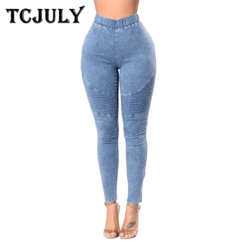 

TCJULY 2020 New Arrival Washed Pleated Jeans Woman Elastic Waist Skinny Push Up Stretch Pencil Pants Streetwear Slim Denim Jeans