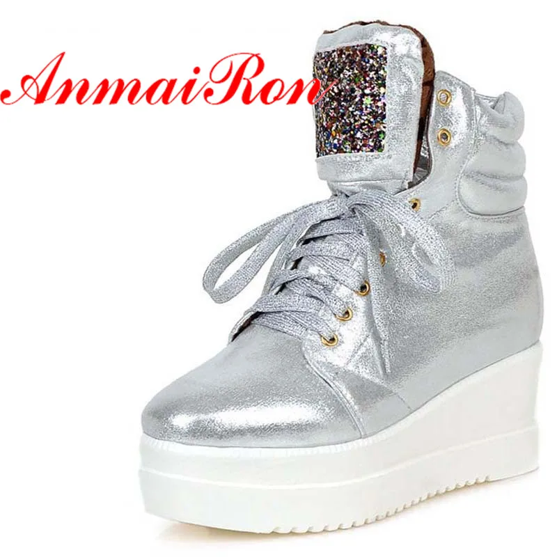 

ANMAIRON Shoes Women PU Lace-Up Glitter Wedges Boots For Women New Round Toe High Boots Black White Gold Silver Martin Boots