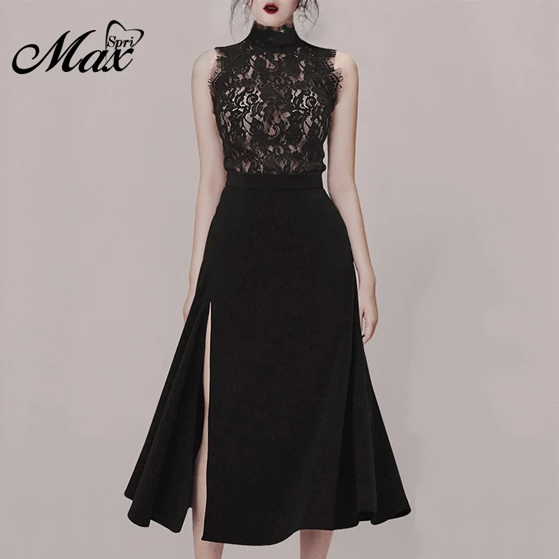 

Max Spri 2019 New Style Women Sets O-neck Floral Lace Sleeveless Top Side Slit High Waist Midi Skirt