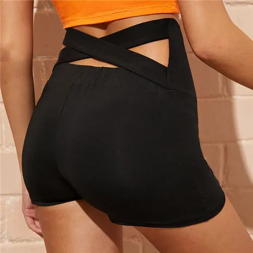 SHEIN Wide Waistband Criss Cross Back Shorts Women Solid Sporty High Waist Shorts Skinny Elastic Waist Stretchy Summer Shorts - Цвет: Черный