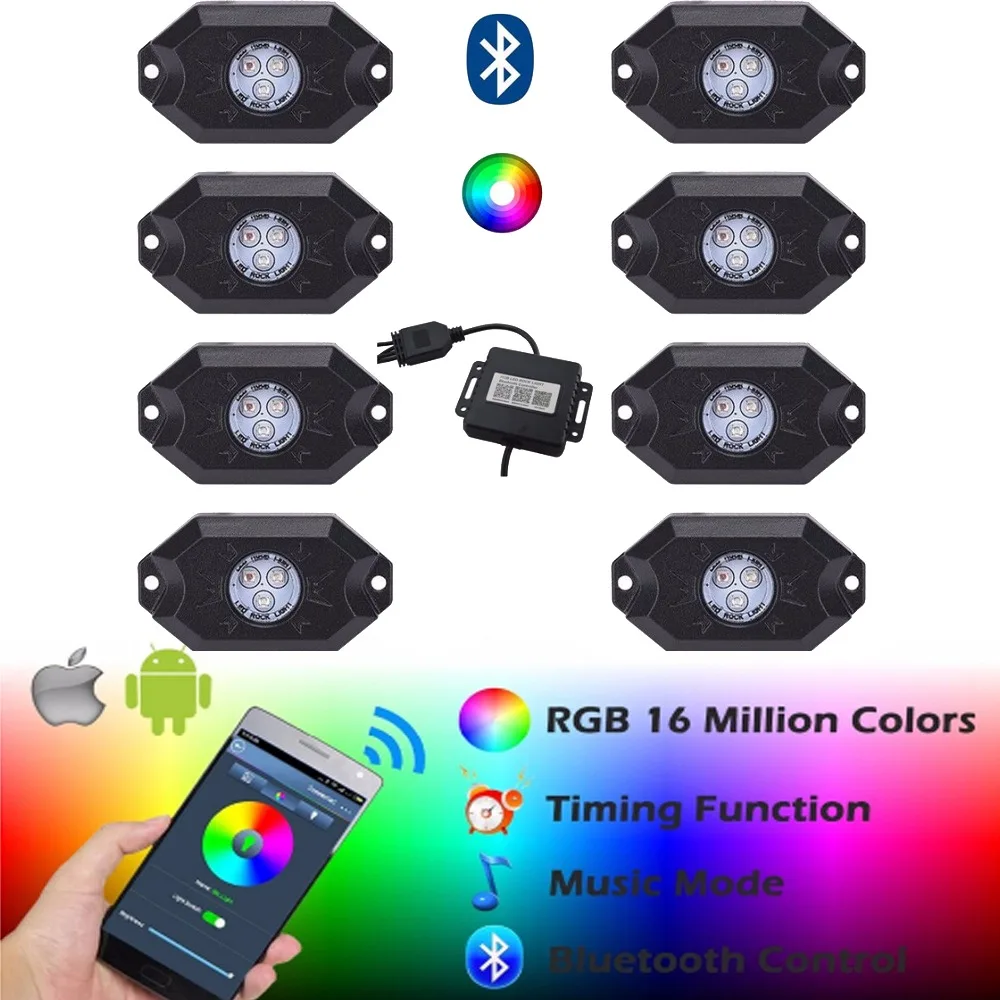 

LIGHT 8PCS 3''9W Multi-Color RGB LED Rock Light Kit with Bluetooth Controller Timing Function Music Mode for Cars Truck Bus