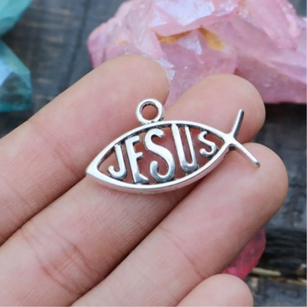 set of 10, jesus fish charms, Bronze and silver metal charms, 27mm x
