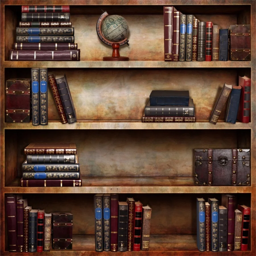 Laeacco Vintage Wooden Bookshelf Books Library Scene Photography