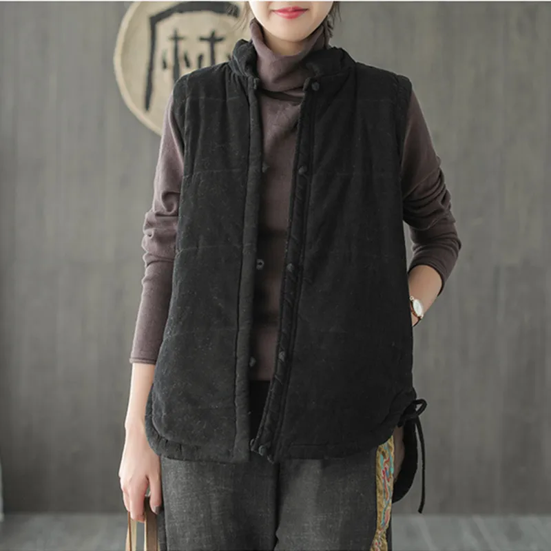 

Johnature 2019 New Corduroy Stand Collor Chinese Style Plate Buckle Casual Vest Coats Winter Sleeveless Loose Women Vests