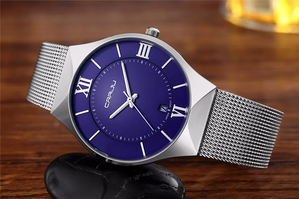 Топ люксовый бренд CRRJU мужские наручные часы из нержавеющей стали с сетчатым ремешком, кварцевые мужские часы с календарем, ультра тонкие часы с циферблатом