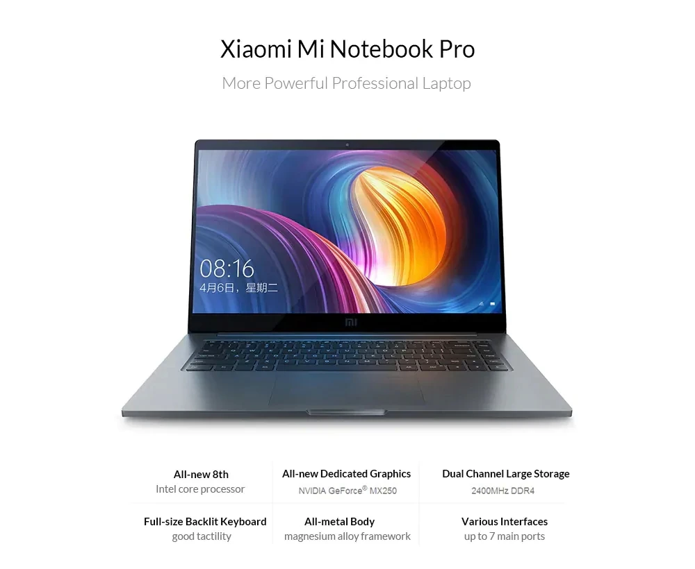 Xiaomi Mi Laptop Pro, 15,6 дюймов, ноутбук i5/i7, 8 ГБ/16 ГБ, MX250, на английском, Win10, двойная выделенная видеокарта, отпечаток пальца, фронтальная камера