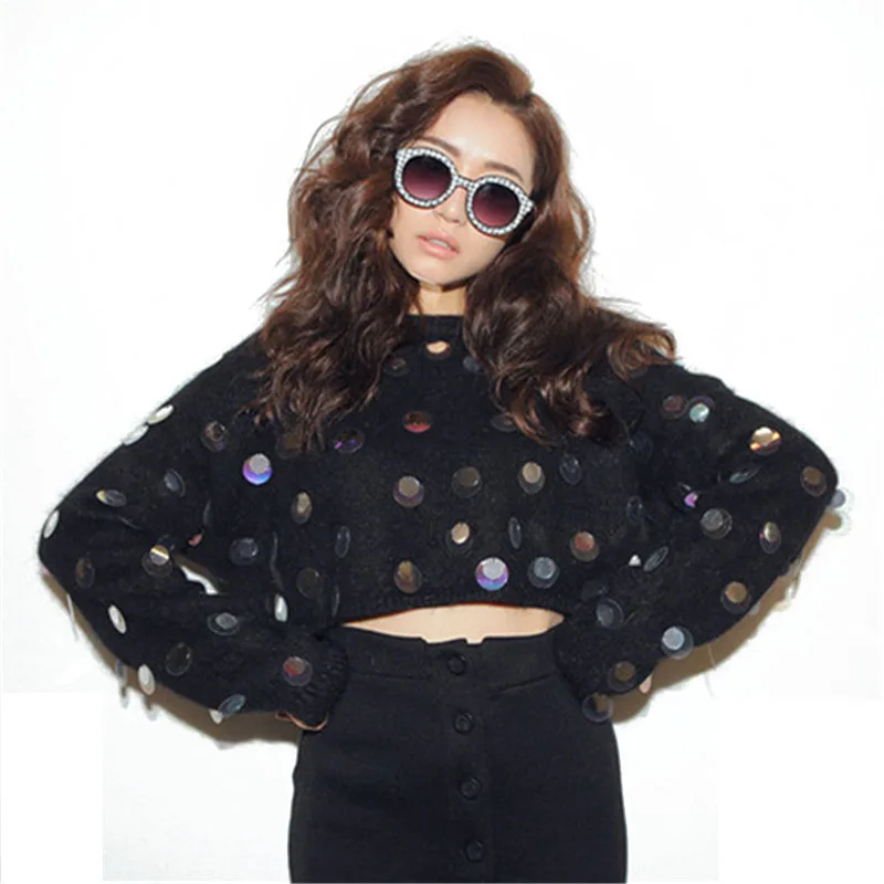 

Sexy Women sequins Sweater Irregular Long bat sleeve O-Neck Pullovers High waist Knitted Shirt Party Stage Show Dance Tops