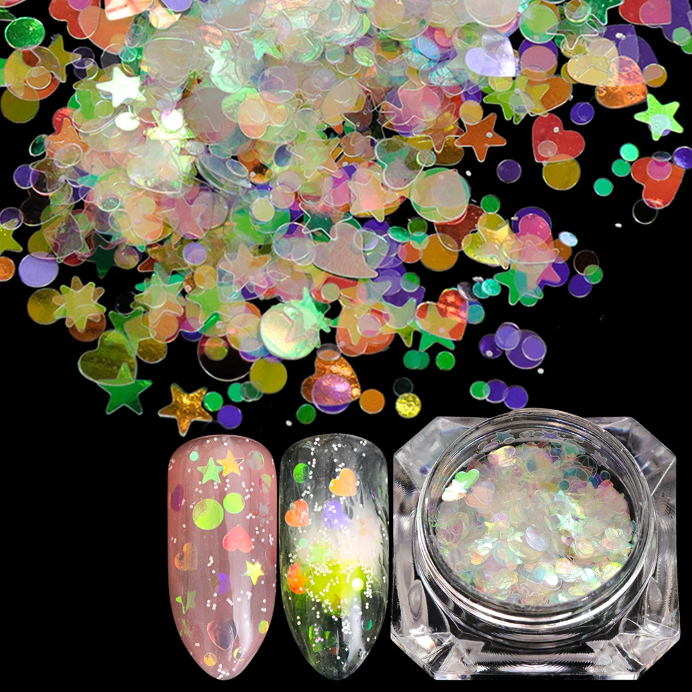 

1 Box AB Color Nail Art Glitter Mix Heart Star Moon Mermaid Acrylic Sequins Holo Shape Sparkle Tip Nails Art Decoration SA678-05