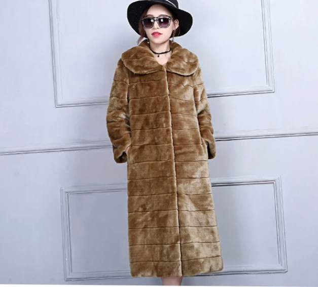 

New Arrival Women Winter Turn-down Collar Covered Button Slim Full Pelt Thick Warm Faux Mink Fur Coat SHD-224