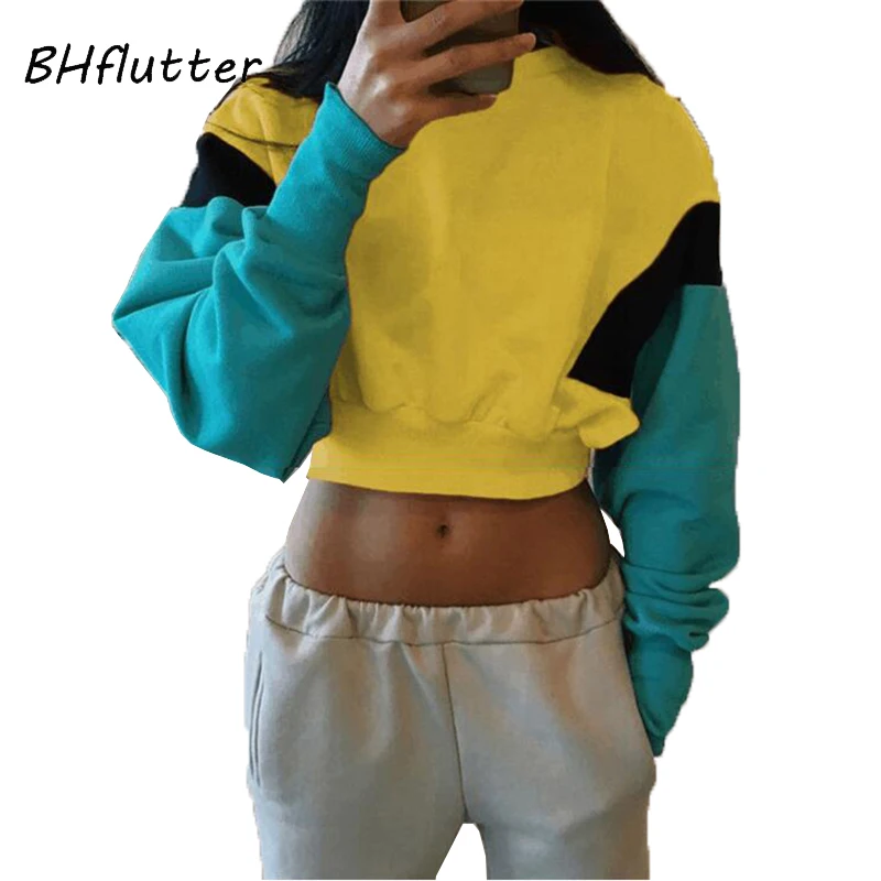 

BHflutter Spliced Kpop Hoodies Women Long Sleeve Sexy Crop Tops Pullover 2019 Casual Blackpink Winter Sweatshirts bluzy damskie