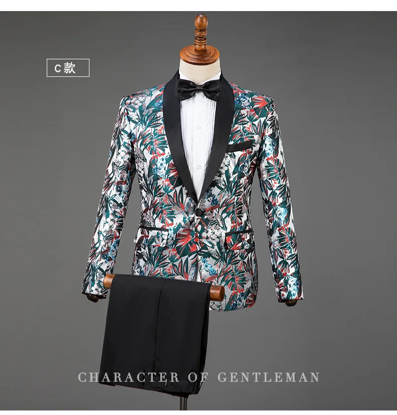 2019 новый мужской однобортный костюм из двух предметов костюм с ручной печатью B шоу сшивание костюмы из атласа