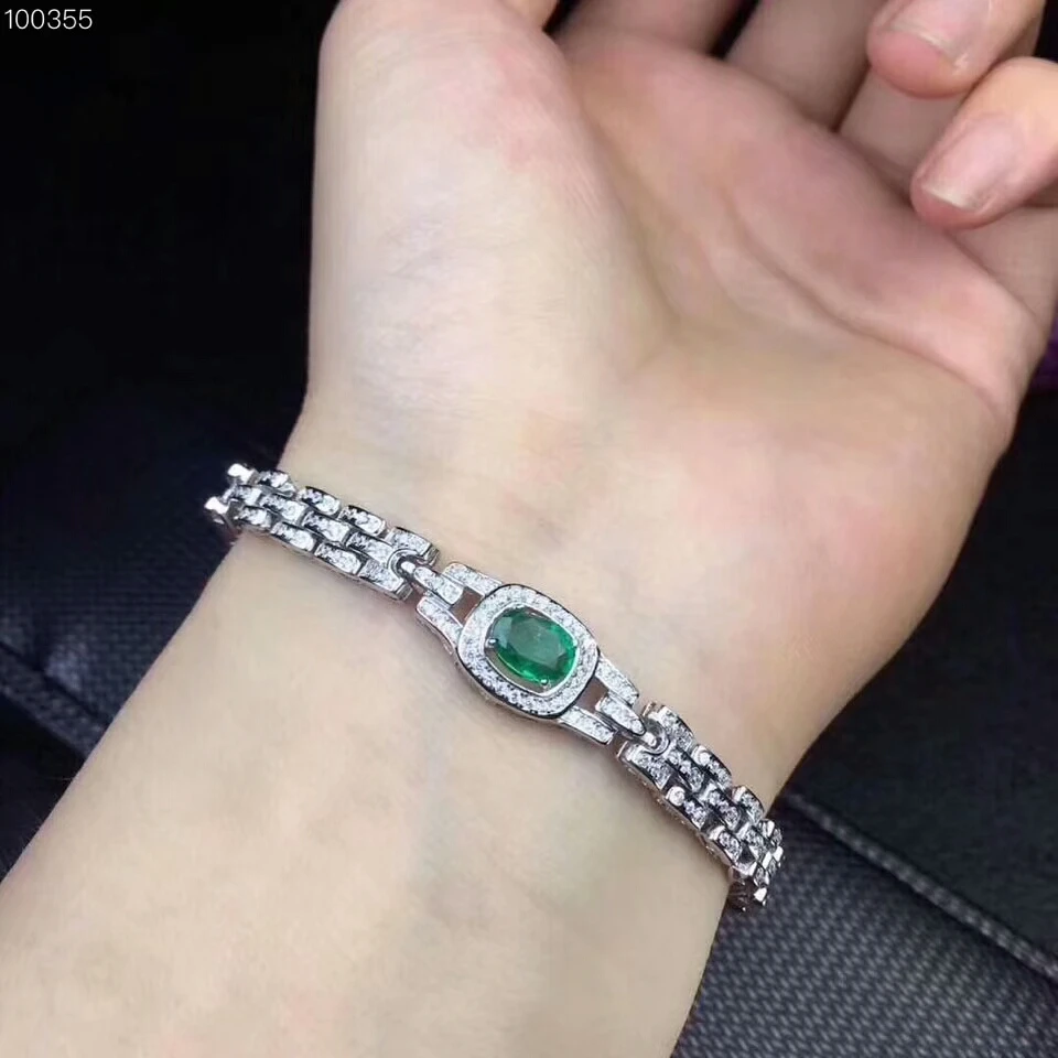 

[MeiBaPJ]Real Natural Emerald Gemstone Bracelet 925 Sterling Silver Green Stone Bangle for Women Fine Wedding Jewelry