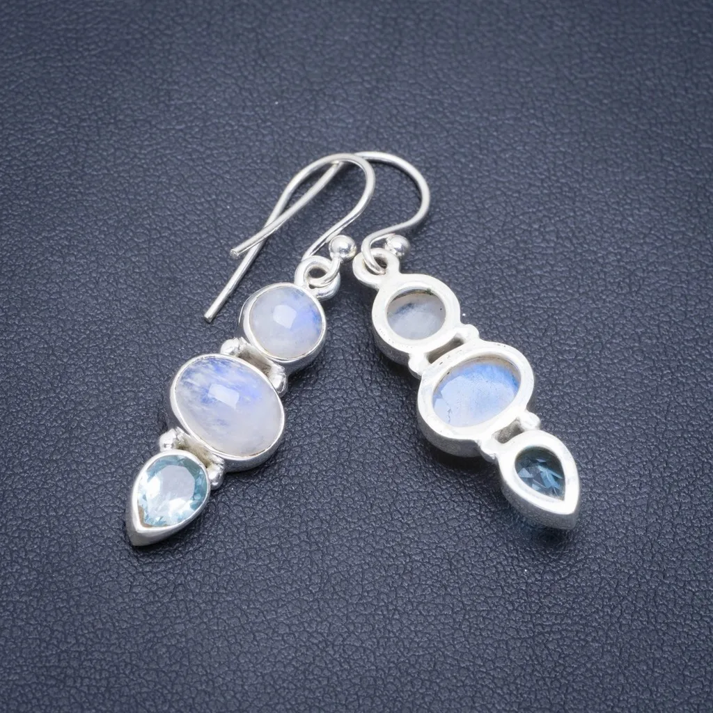 

Natural Rainbow Moonstone and Blue Topaz Handmade Unique 925 Sterling Silver Earrings 1.5" A2176