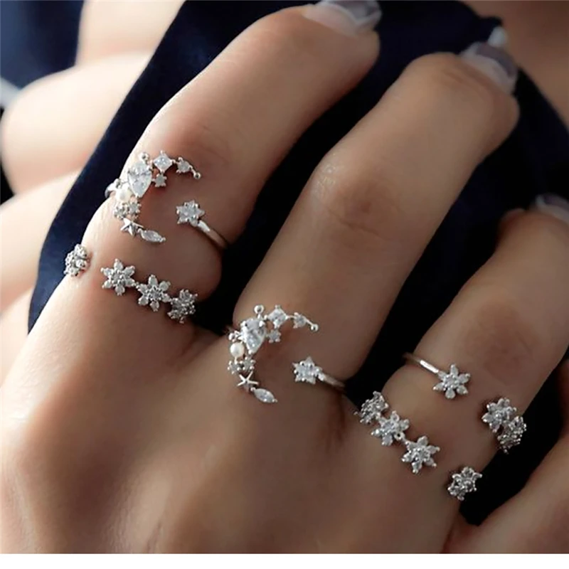 

Fashion Silver Plated Rings For Women Moon Flower Ring Set Female Statement Engagement Party Jewelry 2018 5pcs Rings Ladies