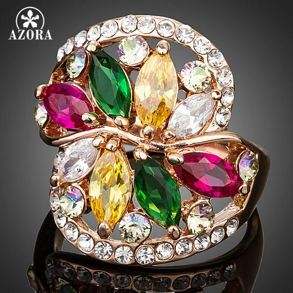 

AZORA Gorgeous Flower Gold Color 8pcs Multicolour Cubic Zirconia Ring TR0116