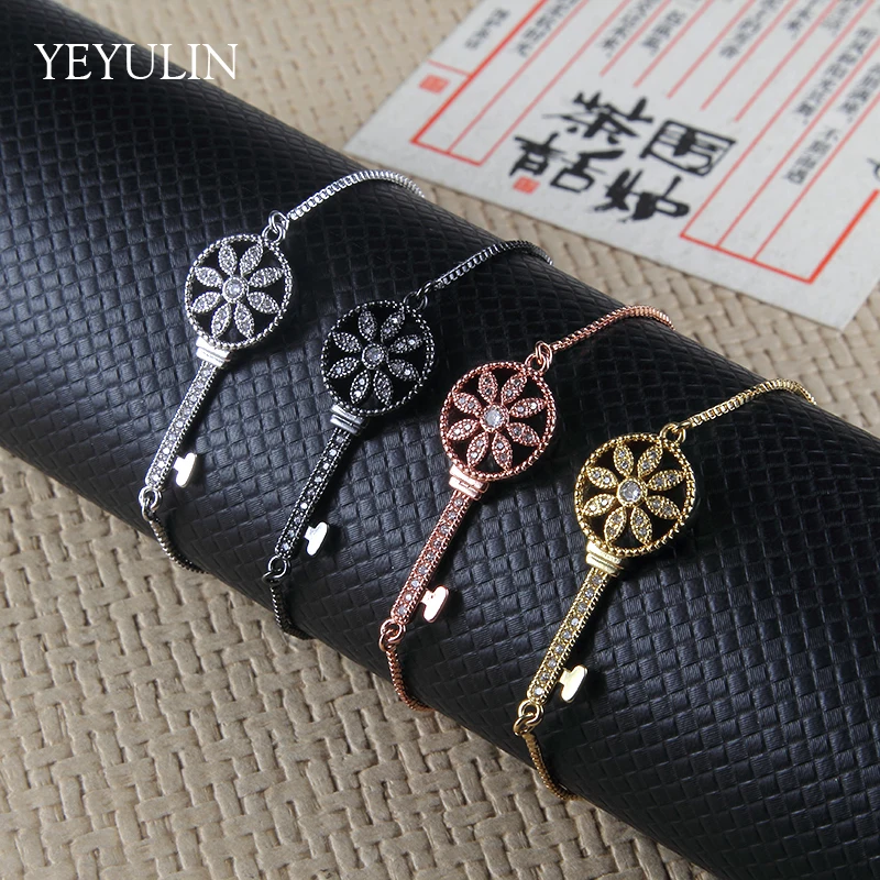 

New Adjustable Snake Chain Bracelet Rhinestone Flower Key Charms Bracelet & Bangle Jewelry For Women Girls