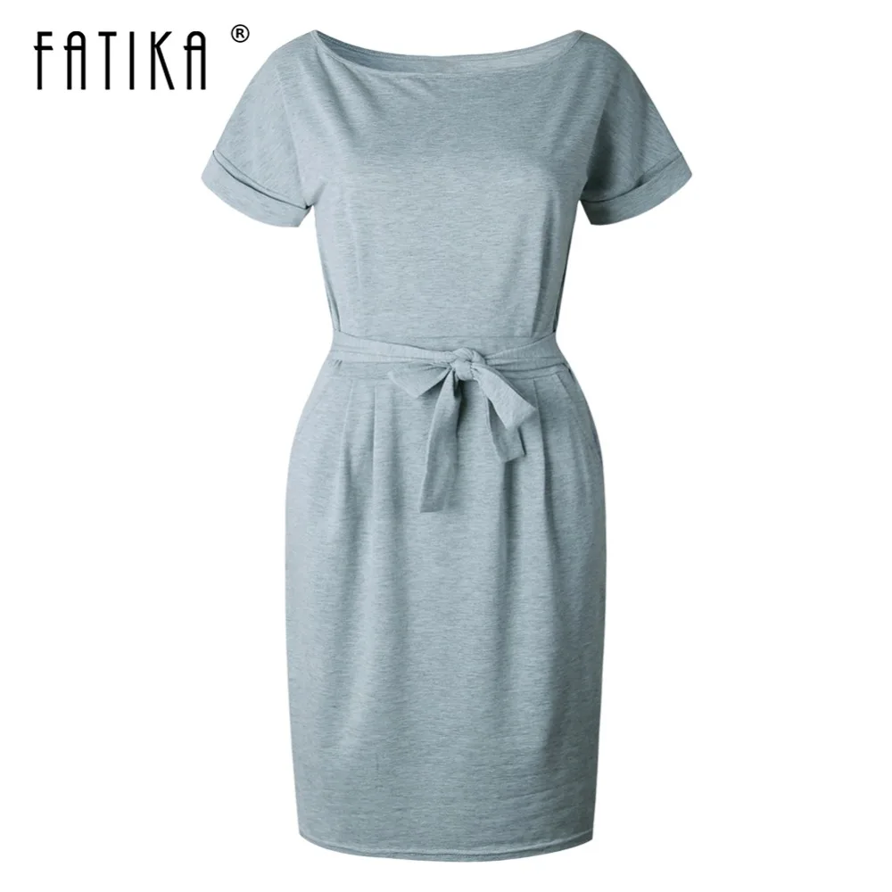 

FATIKA 2018 Summer Short Sleeve O-Neck Mid-Calf Dress Women Solid Pencil Dress With Belt Trendy Women's Clothing