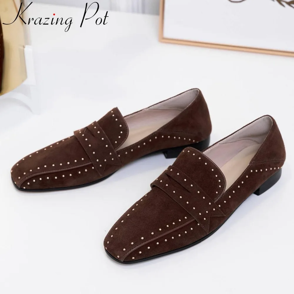 

Kraing Pot comfortable full grain leather slip on rivets studded slip on low heels loafers vintage square toe brand pumps L21