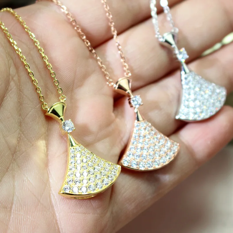 Brand design skirt zircon fan necklace for women yellow gold 925 silver