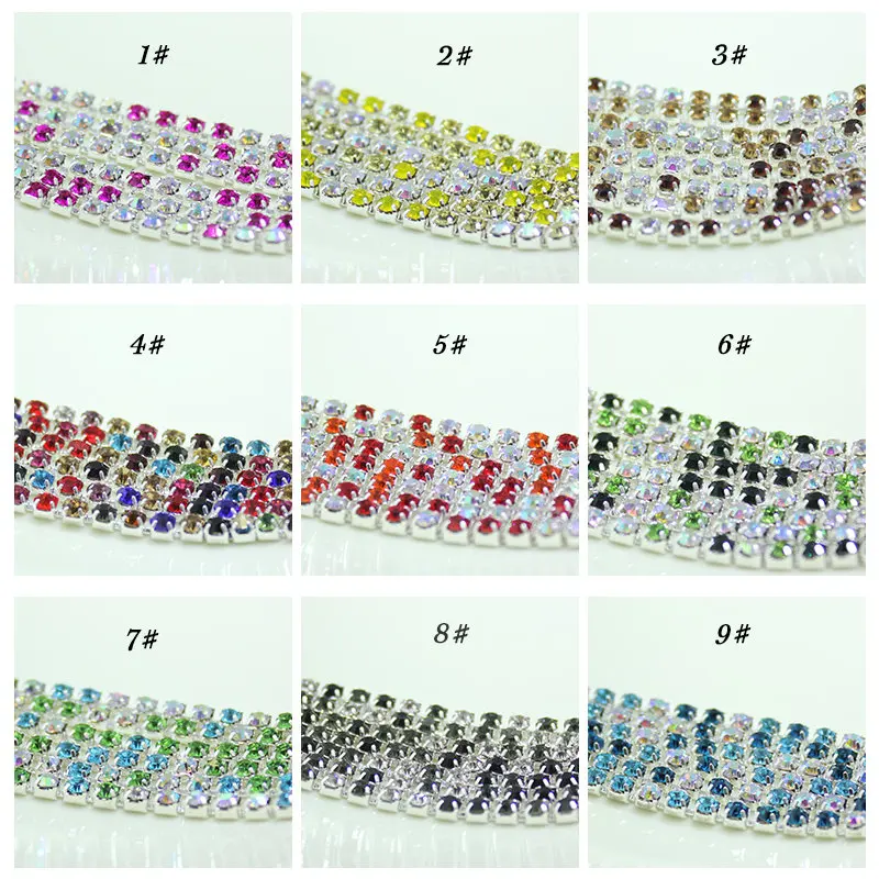 

Mix colors rhinestone chains 10yards/lot boutique ss12(3mm) fashion findings multi color copper close silver base glitter Diy