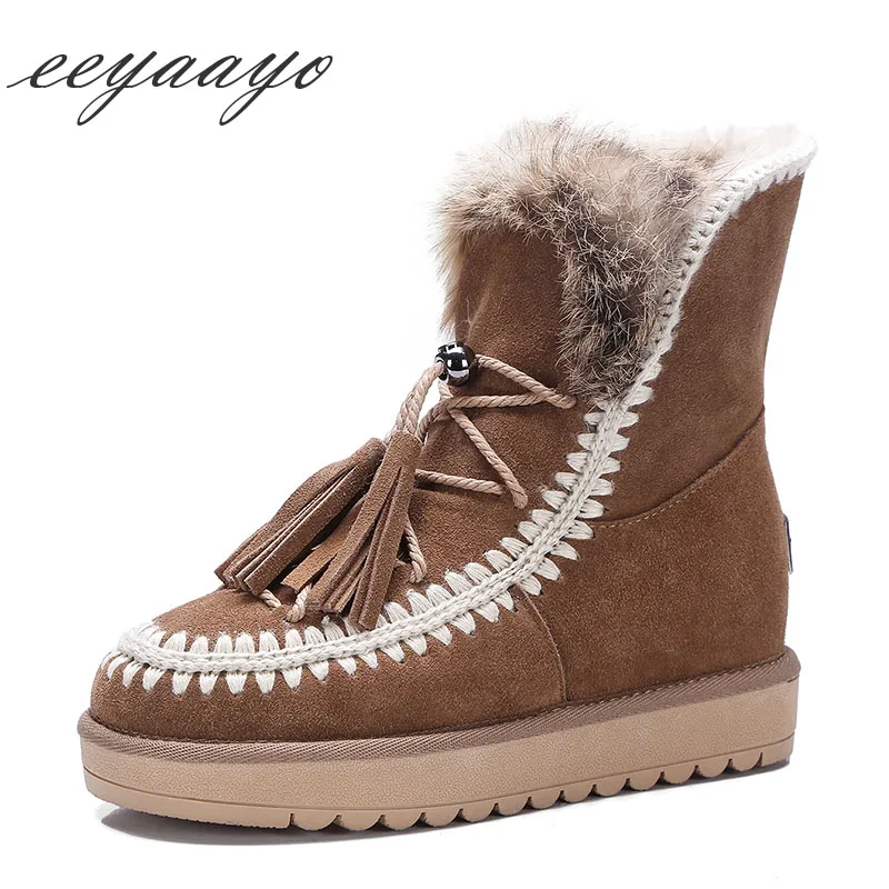

2019 New Genuine Leather Winter Women Ankle Boots Middle Flats Heel Real Fur Wool Lining Women Cow Suede Shoes Brown Snow Boots